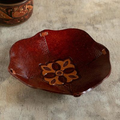 Alternate image for Hand Tooled Leather Catchall Plate from Peru Mahogany Flower