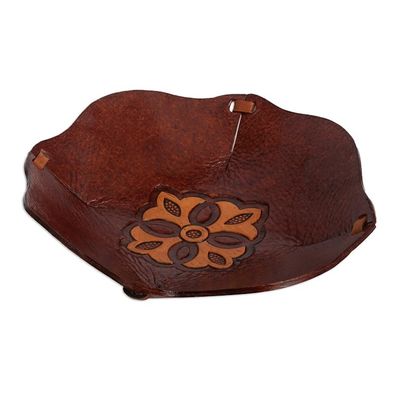 Alternate image for Hand Tooled Leather Catchall Plate from Peru Mahogany Flower