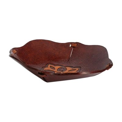Alternate image for Hand Tooled Leather Catchall Plate from Peru Mahogany Flower