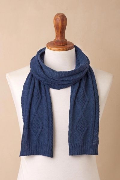 Alternate image for Knitted Unisex Scarf in Azure 100 Alpaca from Peru Antique Cable Knit