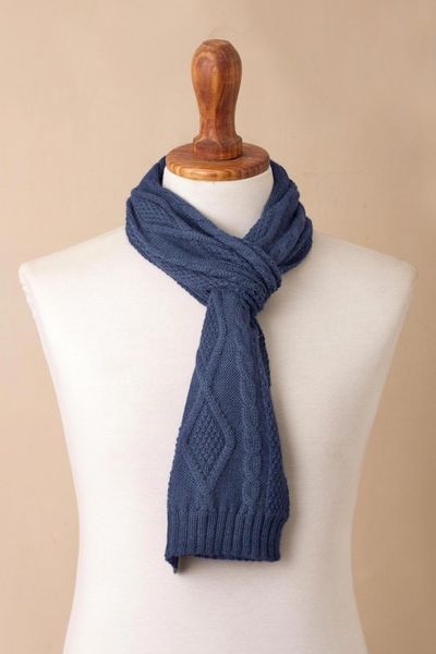 Alternate image for Knitted Unisex Scarf in Azure 100 Alpaca from Peru Antique Cable Knit