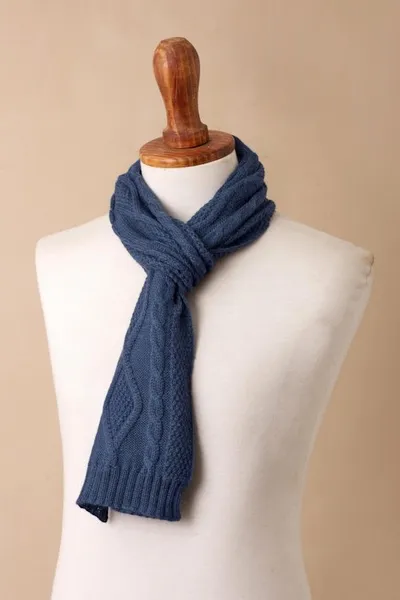 Alternate image for Knitted Unisex Scarf in Azure 100 Alpaca from Peru Antique Cable Knit