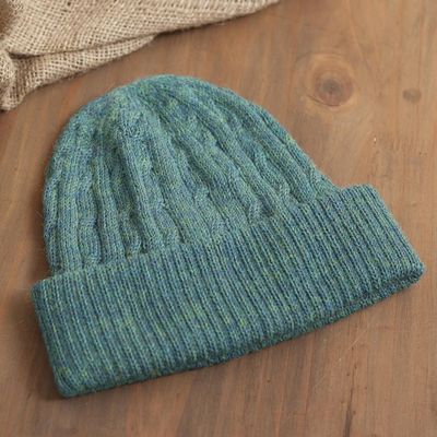Alternate image for Teal 100 Alpaca Cable Pattern Soft Knit Hat From Peru Comfy in Teal