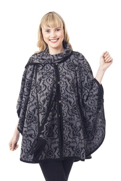 Alternate image for Alpaca Blend Grey and Black Ruana with Scarf Peruvian Wildflower in Grey