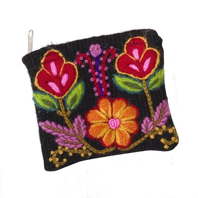 Alternate image for Floral Embroidered Wool Coin Purse in Black from Peru Exceptional Garden