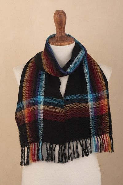 Alternate image for Dark Multicolor 100 Alpaca Scarf Hand Made in Peru Peruvian Plaid