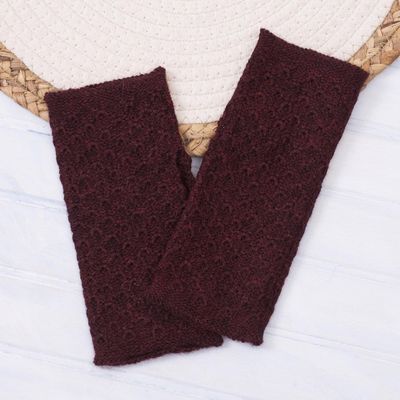 Alternate image for Patterned 100 Baby Alpaca Fingerless Mitts in Maroon Gossamer Wine