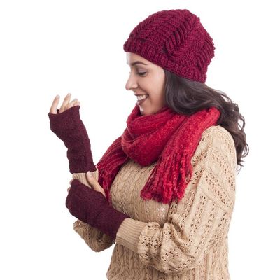 Alternate image for Patterned 100 Baby Alpaca Fingerless Mitts in Maroon Gossamer Wine