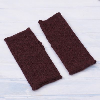 Alternate image for Patterned 100 Baby Alpaca Fingerless Mitts in Maroon Gossamer Wine