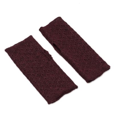 Alternate image for Patterned 100 Baby Alpaca Fingerless Mitts in Maroon Gossamer Wine