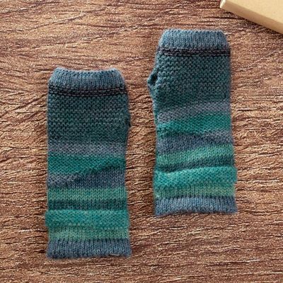 Alternate image for 100 Alpaca Blue and Teal Knit Fingerless Mittens from Peru Shades of Blue