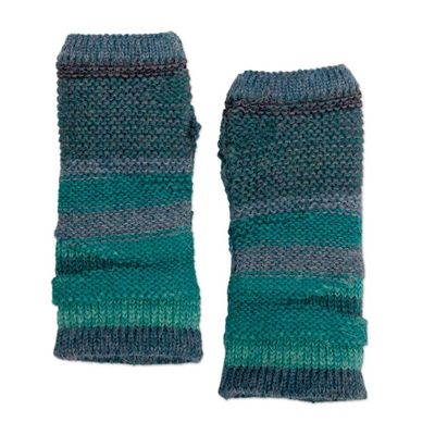 Alternate image for 100 Alpaca Blue and Teal Knit Fingerless Mittens from Peru Shades of Blue