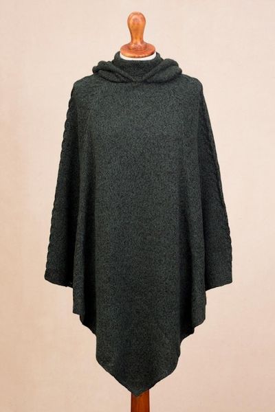 Alternate image for Knit Alpaca Blend Hooded Poncho in Moss from Peru Adventurous Style in Moss