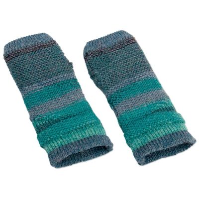 Alternate image for 100 Alpaca Blue and Teal Knit Fingerless Mittens from Peru Shades of Blue