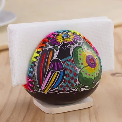 Alternate image for Colorful Bird and Flowers Hand Painted Gourd Napkin Holder Bright Song