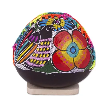 Alternate image for Colorful Bird and Flowers Hand Painted Gourd Napkin Holder Bright Song