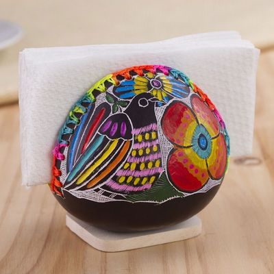 Alternate image for Colorful Bird and Flowers Hand Painted Gourd Napkin Holder Bright Song