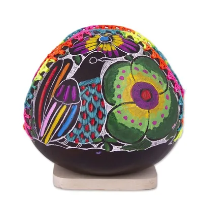 Alternate image for Colorful Bird and Flowers Hand Painted Gourd Napkin Holder Bright Song