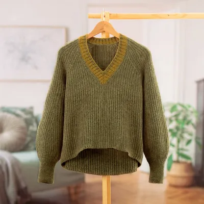Alternate image for Preppy-Inspired Olive and Yellow Baby Alpaca Blend Sweater Olive Deity