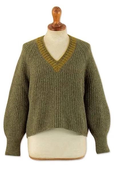 Alternate image for Preppy-Inspired Olive and Yellow Baby Alpaca Blend Sweater Olive Deity