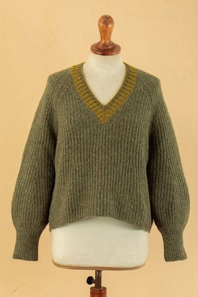 Alternate image for Preppy-Inspired Olive and Yellow Baby Alpaca Blend Sweater Olive Deity