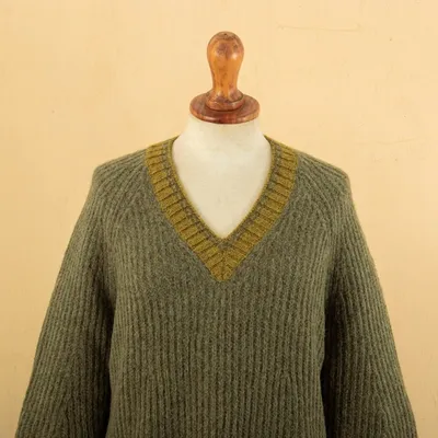 Alternate image for Preppy-Inspired Olive and Yellow Baby Alpaca Blend Sweater Olive Deity