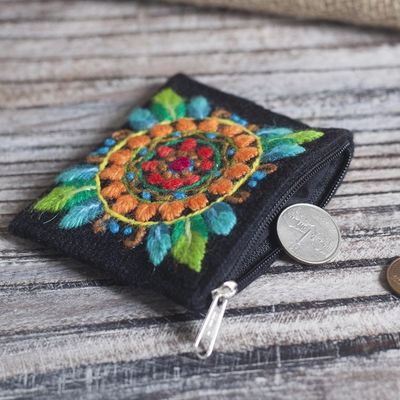 Alternate image for Floral Embroidered Alpaca Blend Coin Purse in Black Colorful Mandala