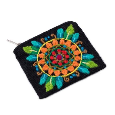 Alternate image for Floral Embroidered Alpaca Blend Coin Purse in Black Colorful Mandala