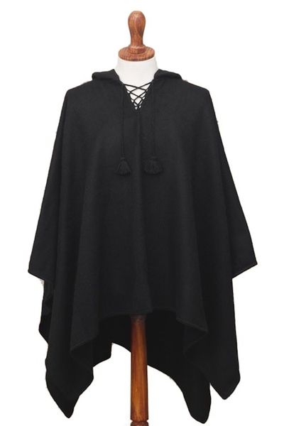 Alternate image for Andean Alpaca Blend Black Mens Poncho with Hood Ebony