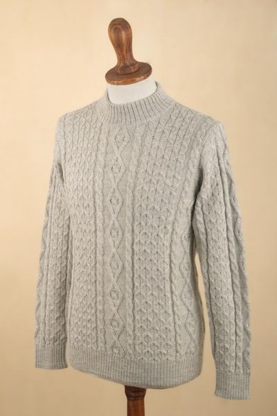 Alternate image for Mens 100 Alpaca Pullover Sweater With Braid Pattern Grey Braids