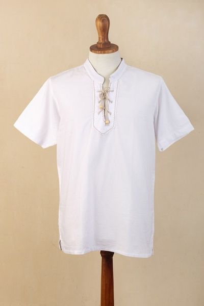 Alternate image for Mens Casual White Cotton Shirt Bohemian Style Made in Peru Summer