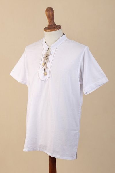 Alternate image for Mens Casual White Cotton Shirt Bohemian Style Made in Peru Summer