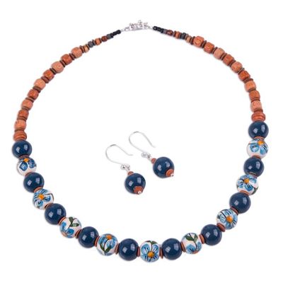 Alternate image for Jewelry Set with Hand Painted Flowers on Ceramic Beads Blue Andean Blossom