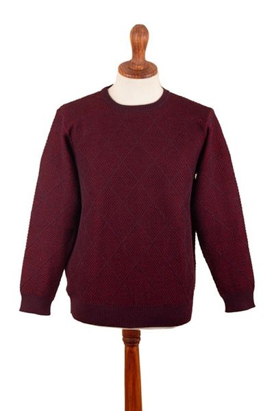 Alternate image for Mens Alpaca Blend Sweater in Red and Burgundy Made in Peru Textures Diamonds