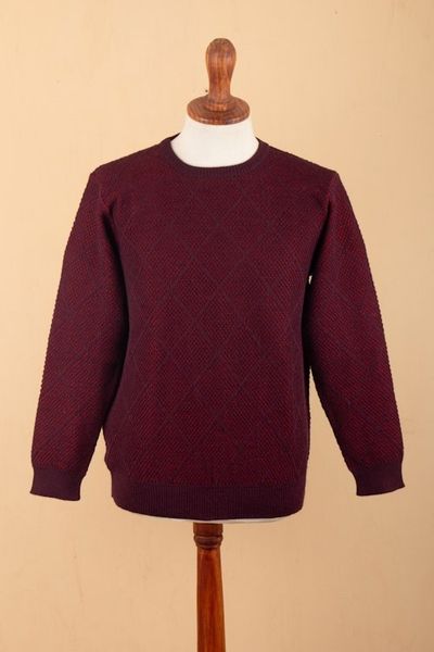 Alternate image for Mens Alpaca Blend Sweater in Red and Burgundy Made in Peru Textures Diamonds