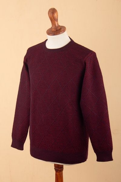 Alternate image for Mens Alpaca Blend Sweater in Red and Burgundy Made in Peru Textures Diamonds
