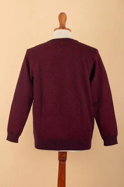 Alternate image for Mens Alpaca Blend Sweater in Red and Burgundy Made in Peru Textures Diamonds