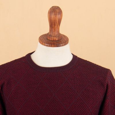 Alternate image for Mens Alpaca Blend Sweater in Red and Burgundy Made in Peru Textures Diamonds
