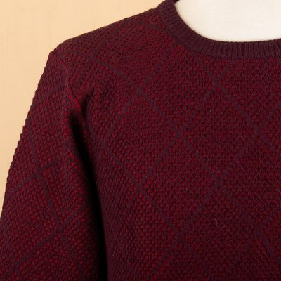 Alternate image for Mens Alpaca Blend Sweater in Red and Burgundy Made in Peru Textures Diamonds