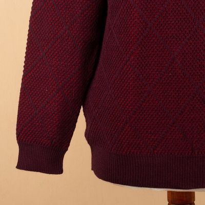 Alternate image for Mens Alpaca Blend Sweater in Red and Burgundy Made in Peru Textures Diamonds