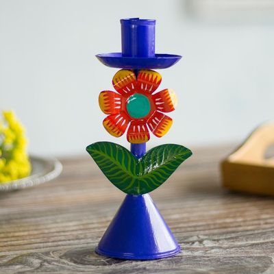 Alternate image for Floral Recycled Metal Candle Holder in Blue from Peru Highland Flower in Blue
