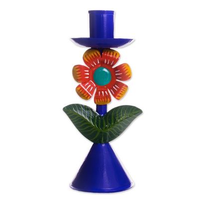 Alternate image for Floral Recycled Metal Candle Holder in Blue from Peru Highland Flower in Blue