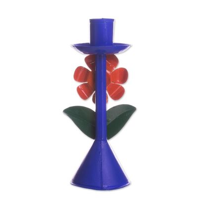 Alternate image for Floral Recycled Metal Candle Holder in Blue from Peru Highland Flower in Blue