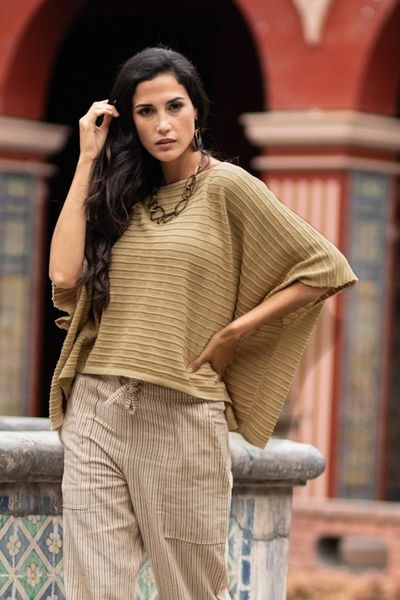Alternate image for Organic Pima Cotton Textured Poncho in Sand Brown from Peru Warmi Sands