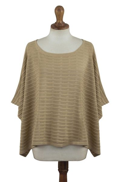 Alternate image for Organic Pima Cotton Textured Poncho in Sand Brown from Peru Warmi Sands