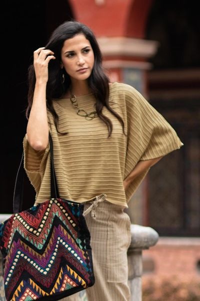 Alternate image for Organic Pima Cotton Textured Poncho in Sand Brown from Peru Warmi Sands