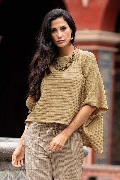 Alternate image for Organic Pima Cotton Textured Poncho in Sand Brown from Peru Warmi Sands