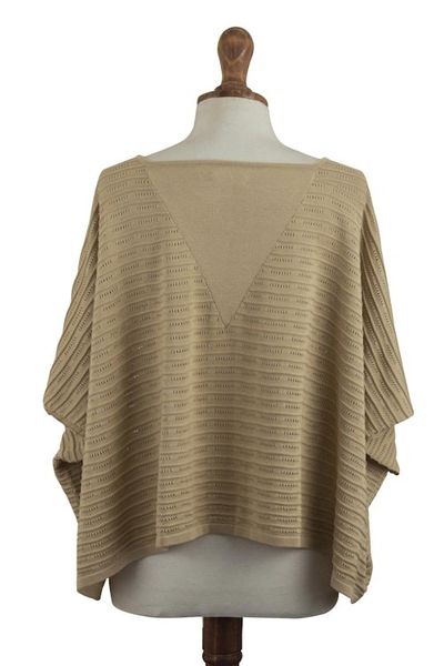 Alternate image for Organic Pima Cotton Textured Poncho in Sand Brown from Peru Warmi Sands