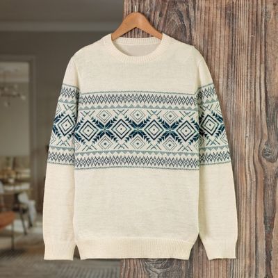 Alternate image for 100 Alpaca Mens Pullover Sweater with Geometric Design Clouds in the Andes