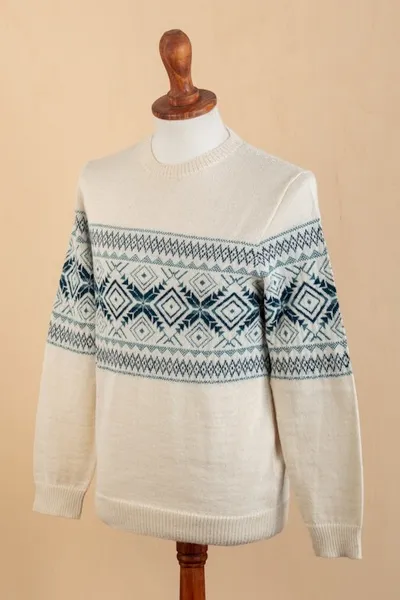 Alternate image for 100 Alpaca Mens Pullover Sweater with Geometric Design Clouds in the Andes